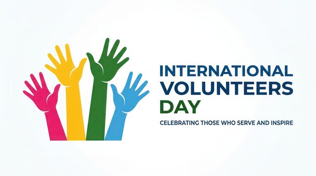 International volunteers day graphic with colorful raised hands illustrating community service volunteers volunteering community colorful international collaboration cooperation teamwork