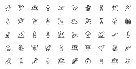 Spring Nature icon set. Minimal vector icons pack. Featuring rabbit, dove, flowers, bee, snail, squirrel, tulips, beach, leaf, tree, branch, plant, sprout, cloudy, mushroom, rose, wheat, mountain, cac © wang