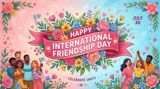 Happy international friendship day celebratory poster design with diverse group of friends floral frame july 30th date friendship celebration diversity togetherness community
