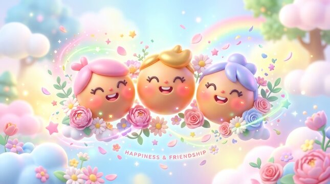 Three cute happy spherical characters floating together in a magical garden of pastel flowers and rainbows with spherical characters whimsical imagination floating cheerful enchanting