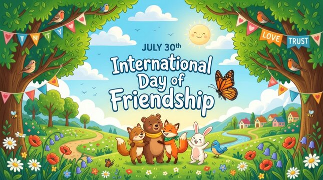 International day of friendship cartoon illustration with cute forest animals hugging in sunny summer meadow friendship together celebration butterfly landscape kindness community