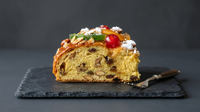 Traditional Christmas Epiphany King Cake Sliced Bolo Rei Pastry with Candied Fruits and Nuts Food Styling