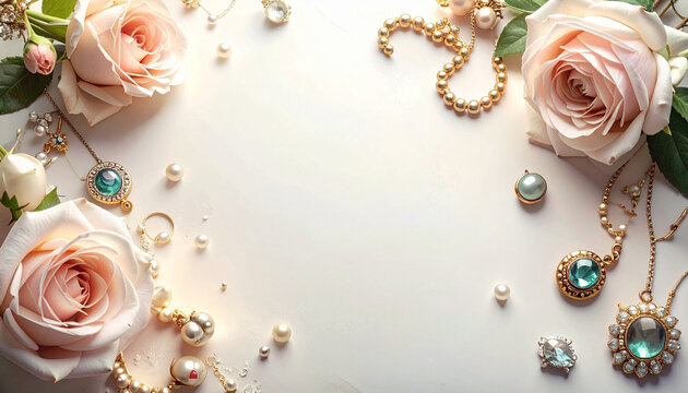 Elegant jewelry and roses on white