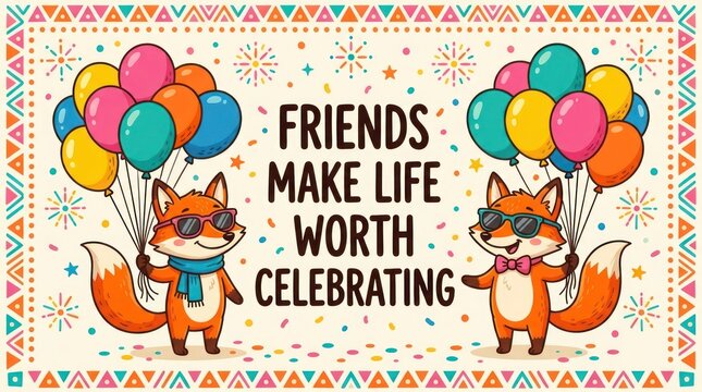 Cartoon fox friends celebrating with colorful balloons illustration for friendship day greeting card friendship celebration balloons greeting colorful together cheerful anniversary