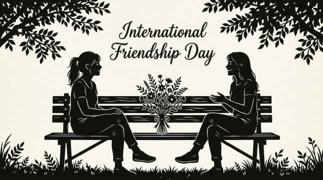 Silhouette art of two friends sitting on a park bench for international friendship day celebration with friendship silhouette together relationship connection conversation communication