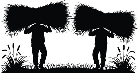 Farmers carrying hay bales on shoulders during harvest with grass and reeds in silhouette © Nezam