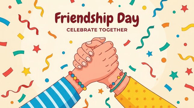 Hands holding together celebration of friendship day with confetti and colorful background friendship together celebration confetti connection bracelets colorful background illustration