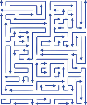Blue arrow maze pattern on a geometric puzzle background