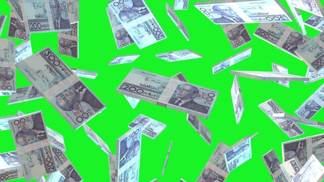 Moroccan 200 Dirham banknote packs falling loop. Moroccan Dirham money note fall. 3D seamless looped isolated abstract concept of economy, finance, crisis, success and banking on green screen