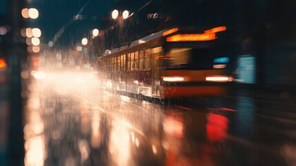 Fototapeta premium tram or bus moving through rainy city street, blurred lights, cinematic realism, ultra photorealistic documentary style