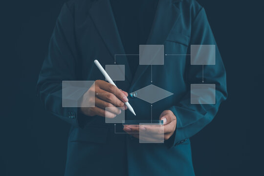 Business professional using digital tablet and stylus to design workflow diagram, process mapping, and business automation strategy. Modern technology, project management concept.