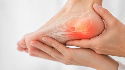 Fototapeta premium Close up of hand massaging foot with plantar fasciitis or heel pain illustration