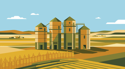 Industrial grain silos in golden wheat field agricultural landscape. © Joan