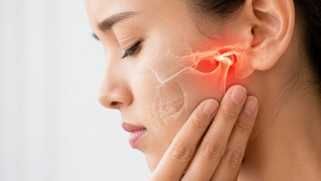 Young woman touching her cheek suffering from temporomandibular joint disorder or TMJ pain with red glowing jaw bone illustration
