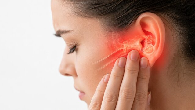 Asian woman touching her ear suffering from severe earache, otitis media, or tinnitus with red glowing ear canal illustration