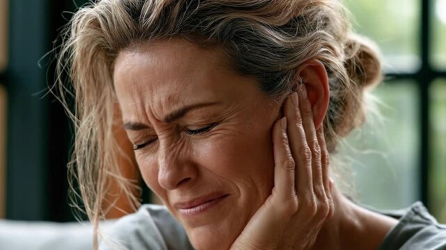 Medical video of a close-up middle-aged woman gently pressing her palm against her ear, showing visible discomfort in soft golden window light.