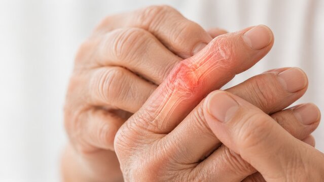 Close up of elderly person hands suffering from arthritis or finger joint pain