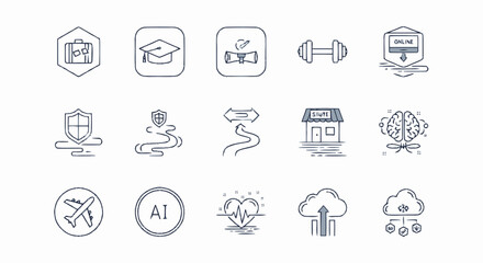 Fototapeta premium Hand drawn doodle icon set featuring business education technology and travel symbols on white background.