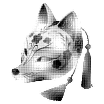 Traditional Japanese Kitsune fox mask with floral patterns and tassels. Monochrome halftone illustration of an oriental theatrical mask for festivals. Kitsune mask design.