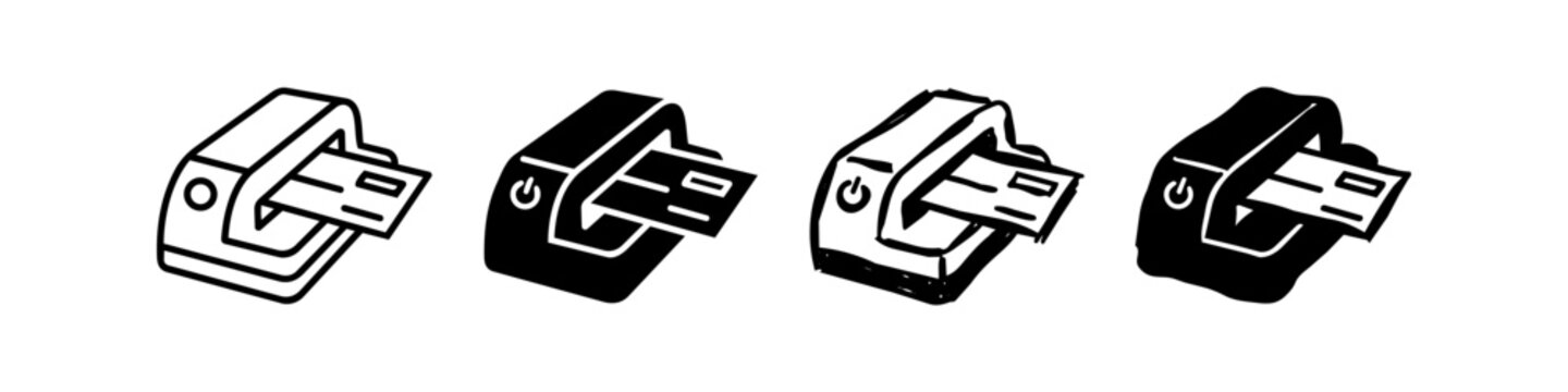 Set of hand-drawn credit card reader icons in doodle style. Black and white vector illustrations of ATM or payment terminals for financial transactions and shopping concepts.