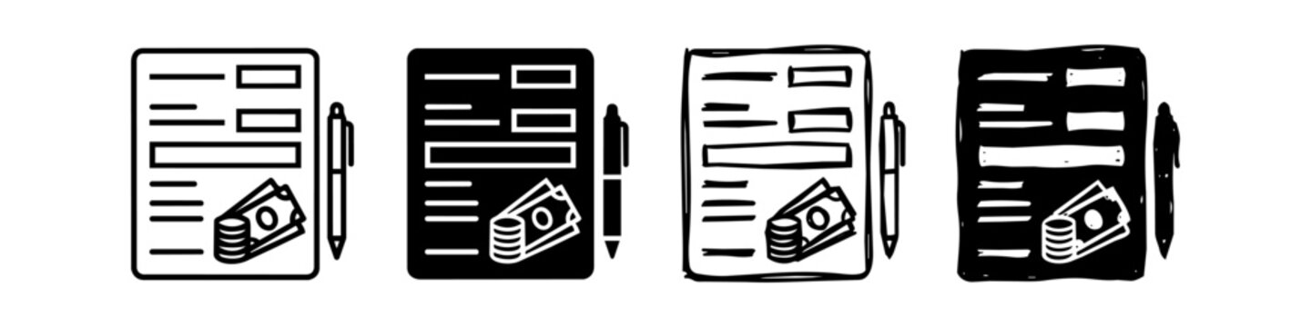 Set of financial document icons in varied styles with money and pen. Perfect for tax, accounting, and billing illustrations.
