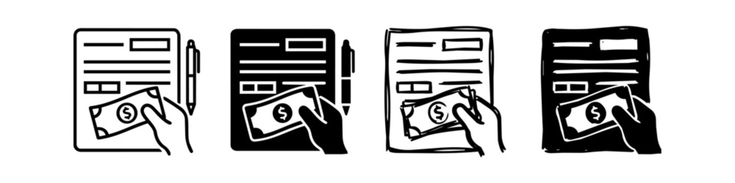 Set of icon variations showing hand with cash, document, and pen. Styles include outline and hand-drawn for finance, legal, or corruption concepts.