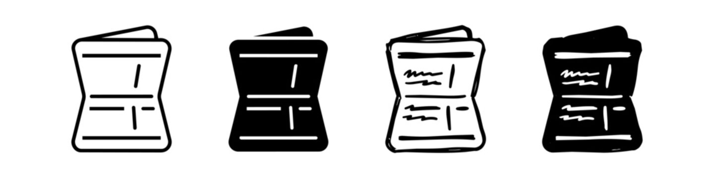 Set of four newspaper or brochure icons in various styles: outline, solid black, hand-drawn, and doodle. Perfect for news, media, publishing, and document design concepts.