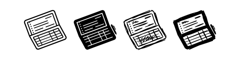 Set of hand-drawn PDA icons in various sketch styles. Minimalist black and white doodle of vintage handheld computers with screens and keyboards on a white background. © Nort Kor