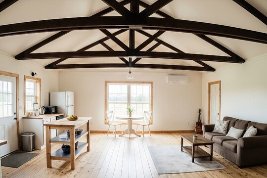Modern farmhouse living room with beams ceiling