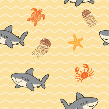 Cute Shark Seamless Pattern With Cartoon Sea Animals And Ocean Waves Vector Background For Kids Apparel