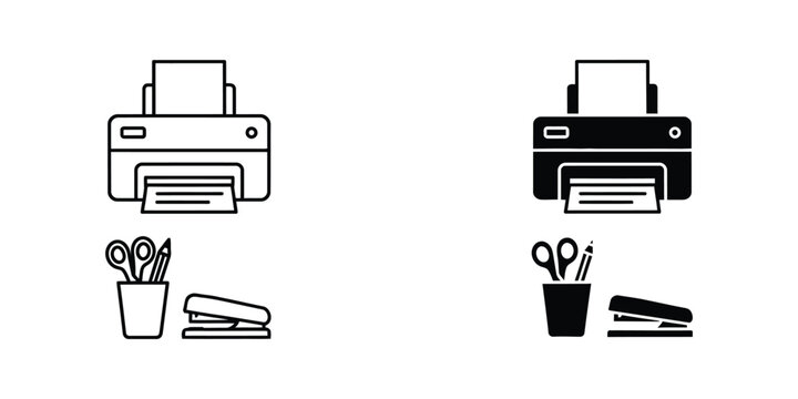 Office Printer and Supplies Line Art Illustration with Pens and Cups