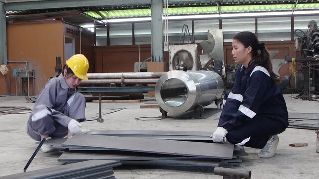Two female engineer workers in industrial safety suit and helmet try to lift up heavy metal plate before it fell on her foot at manufacturing factory. Staff has accident and her colleague try to help.