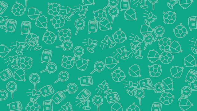 Green background with white line art of soccer balls, lamps, magnifying glasses, and notebooks. Suitable for sports or education designs.