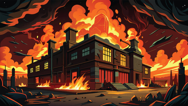 Industrial factory building engulfed in massive fire and smoke with building industrial disaster emergency accident destruction structure explosion dramatic incident property environment