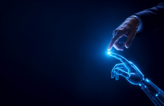 Human hand touching robot hand, AI technology and artificial intelligence concept, futuristic digital transformation with copy space