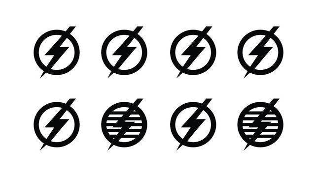 Lightning icon set, black bolt symbols with various line textures