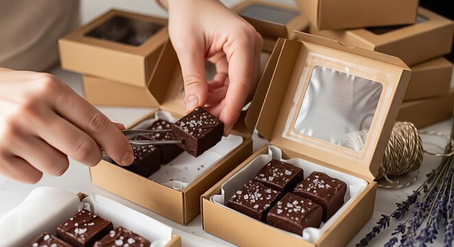 Placing Homemade Fudge Into Kraft Gift Boxes