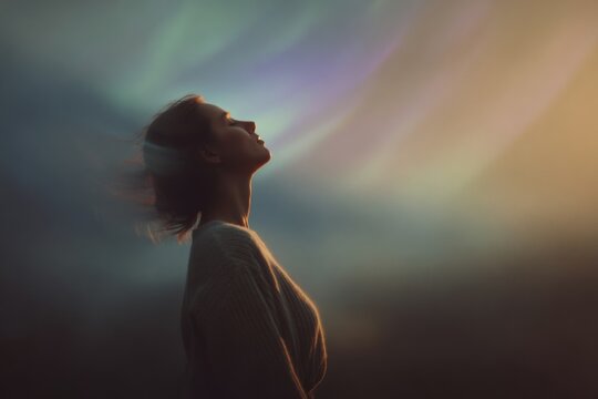 Breathwork woman exhaling aurora waves peaceful sky background for meditation poster and mindfulness wellness design