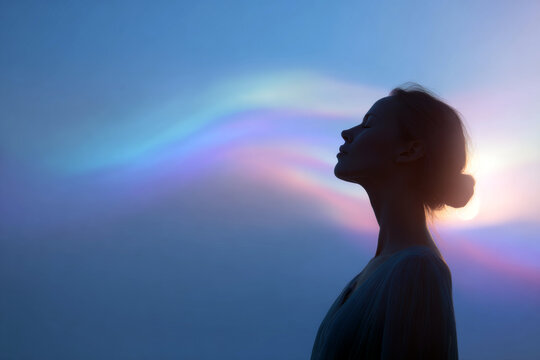 Female silhouette exhaling aurora ribbon in blue twilight for meditation background and mindfulness banner design