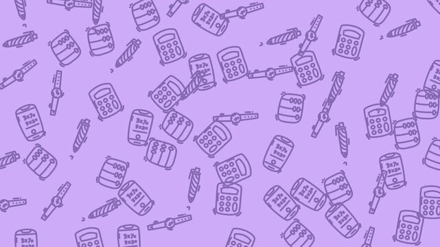 Background with scattered purple line art calculators, pencils, watches, and ledger notebooks. Perfect for educational or office design projects.