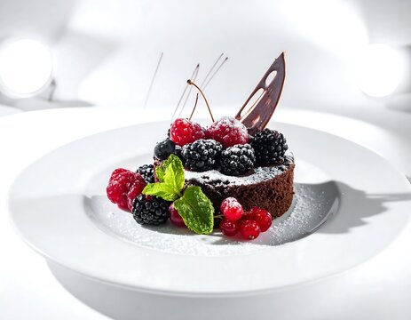 Delicious chocolate cake with fresh berries and mint garnish.