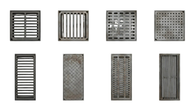 Industrial metal drain covers set, 8 cast iron sewer grates and manhole lids, heavy duty steel drainage ventilation grills on white background
