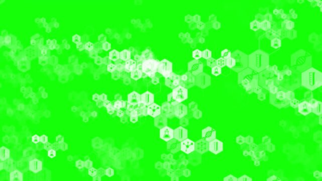 Hexagons float in a soft white pattern against a vibrant green background to represent scientific data structures.