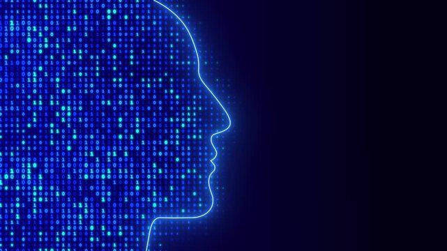 AI Human Profile Cyber Face Glow Outline with Blue Binary Code Matrix Background, Artificial Intelligence Concept, Machine Learning Backdrop, 4k video