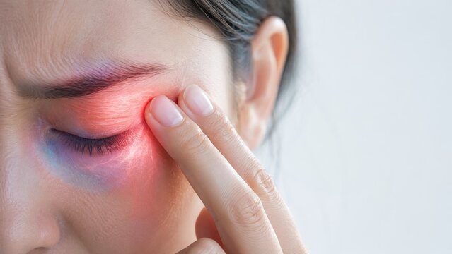 Close up of young woman touching her closed eye suffering from painful eye strain, infection, or fatigue with red glow illustration