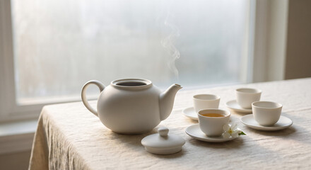 Fototapeta premium Clean White Tea Cups and White Teapot Realistic Atmosphere 