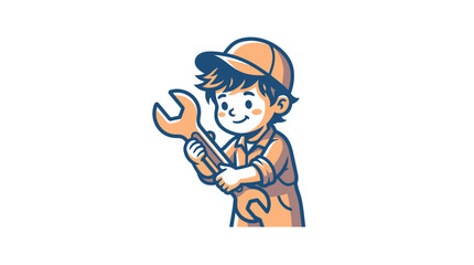 Fototapeta premium Cartoon mechanic holding large wrench tool.