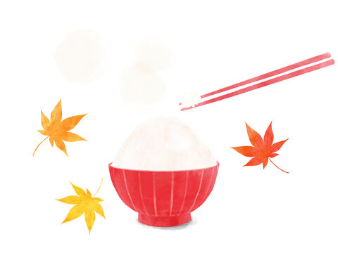 もみじと赤いお茶碗に盛られたご飯の水彩イラスト　新米&bull;秋の味覚&bull;和食