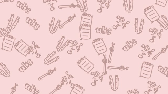 Pink doodle patterns featuring notebooks, musical notes, alphabets, and whimsical icons ideal for artistic projects.