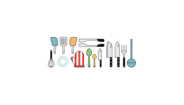 Charming collection of simple modern kitchen utensils and cooking tools arranged neatly on a plain white background.